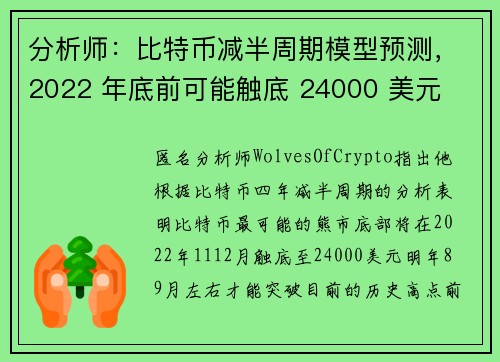 分析师:比特币减半周期模型预测,2022 年底前可能触底 24000 美元